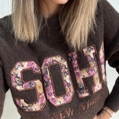 Camisola castanha com letras florais e texto NEW YORK bordado.