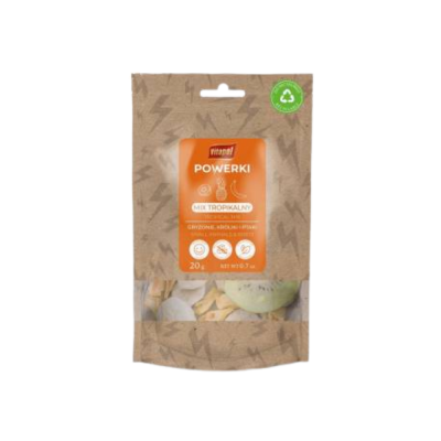 Embalagem de snack tropical Powerki da marca Vitanol com janela transparente mostrando frutas secas