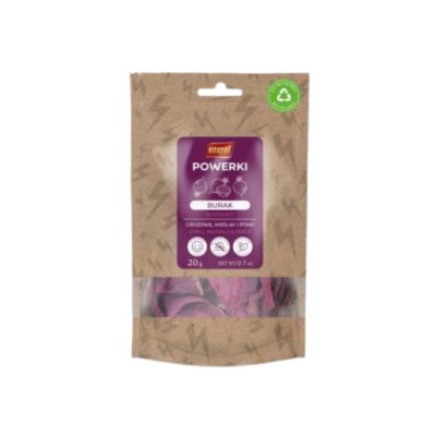 Embalagem de snacks vegetais secos Vitapet POWERKI Burak 20g com desenho em papel castanho e janela transparente