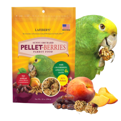 Comida para papagaios LAFEBER'S SUNNY ORCHARD PELLET-BERRIES com frutas secas e pellets, ao lado de papagaio verde a comer
