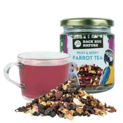 frasco de chá fruit & berry parrot tea, chá solto colorido e chávena de chá vermelho