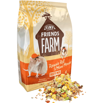 Embalagem TINY FRIENDS FARM Reggie Rat & Mimi Mouse TASTY MIX com mistura alimentar colorida