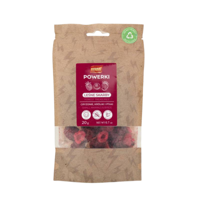 Pacote de snacks para pequenos animais e pássaros Vitapol POWERKI com frutas secas vermelhas, embalagem castanha com etiqueta vermelha e janela transparente