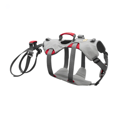 Colete peitoral para cão cinzento com detalhes vermelhos e alças ajustáveis