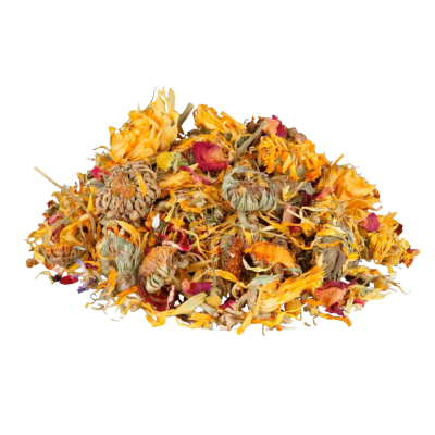 Mistura de flores secas amarelas, laranja e vermelhas