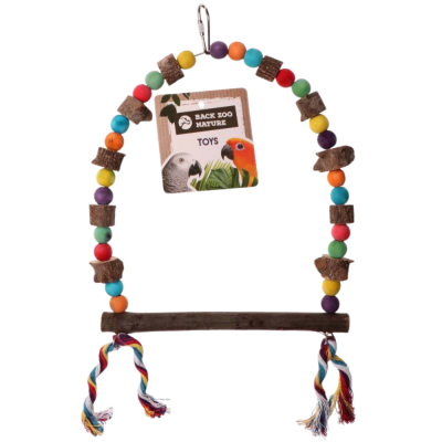 Brinquedo de pássaros colorido com contas, madeira e cordas, etiqueta BACK ZOO NATURE