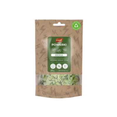 Embalagem de floresta seca de brócolos com etiqueta verde