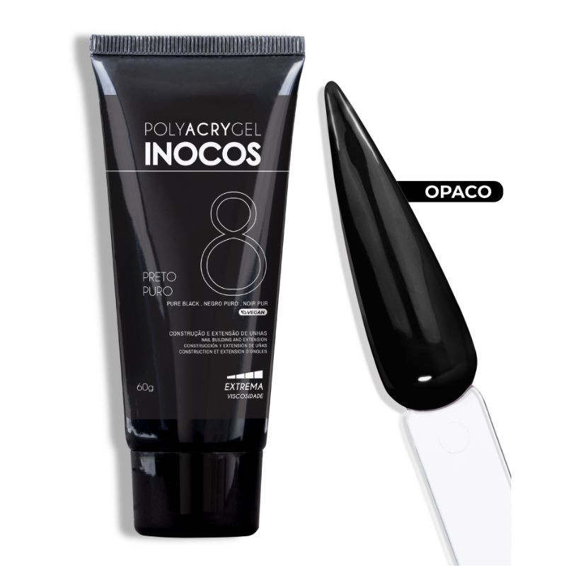 Polyacrygel Preto Puro Bisnaga 60g - Inocos Tubo preto de Polyacrygel Inocos com amostra de cor preta opaca em forma de unha