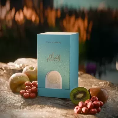 Caixa azul com texto dourado e frutas frescas numa superfície de pedra ao ar livre