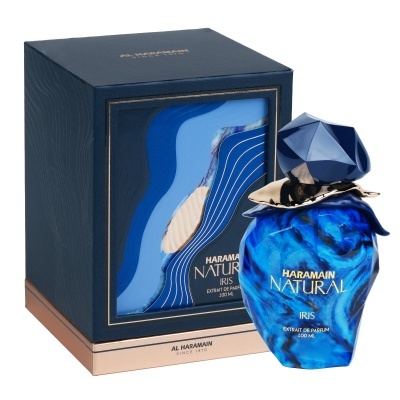 Frasco e caixa de perfume Haramain Natural Iris azul com detalhes dourados