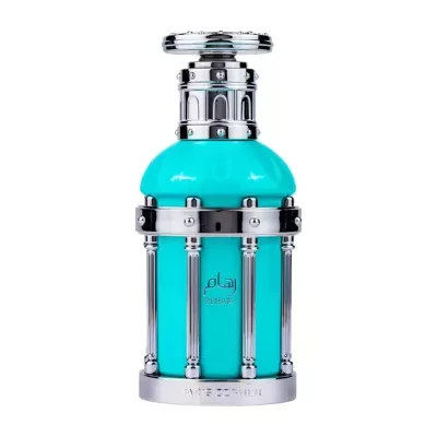 Frasco de perfume azul turquesa com detalhes metálicos prateados e texto REHAM
