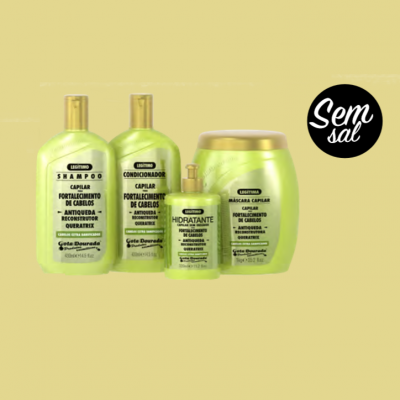 Produtos capilares Cota Dourada em embalagens verdes e douradas com selo Sem sal