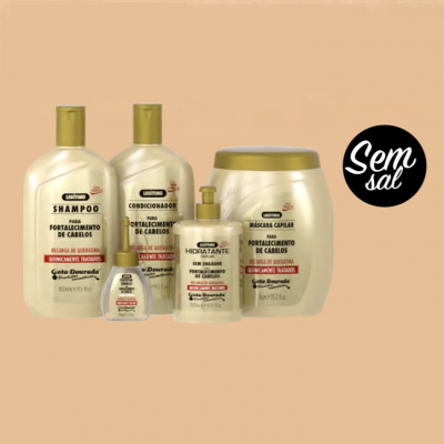 Produtos para cabelo em embalagens douradas e bege com texto em português e selo Sem sal
