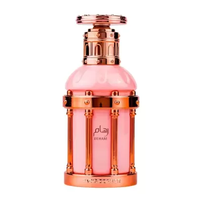 Frasco de perfume rosa e cobre com design decorativo e texto REHAM