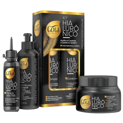 Kit capilar Gota Dourada Hialurônico preto e dourado com tónico, creme, máscara, xampô e condicionador