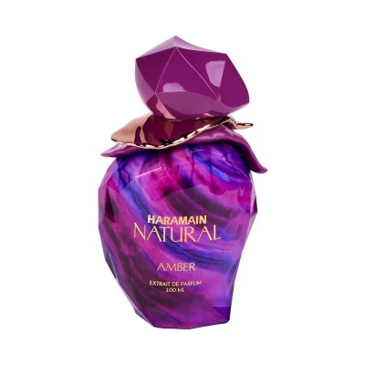 Frasco de perfume Haramain Natural Amber em roxo e azul