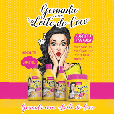 Produtos para cabelo Gemada com Leite de Coco em embalgens amarelas com texto rosa e branco