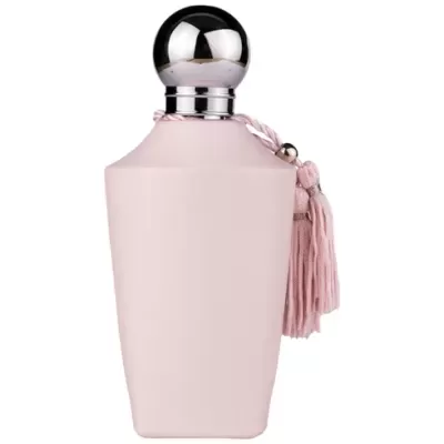 Frasco de perfume cor-de-rosa com tampa prateada e tassel rosa