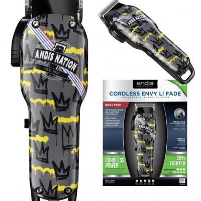 Máquina de cortar cabelo Andis Nation com padrão de coroas pretas e amarelas
