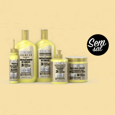 Conjunto de produtos para fortalecimento de cabelos em embalagens amarelas
