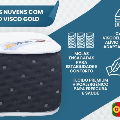 Colchão visco Gold com características e texto promocional em fundo azul