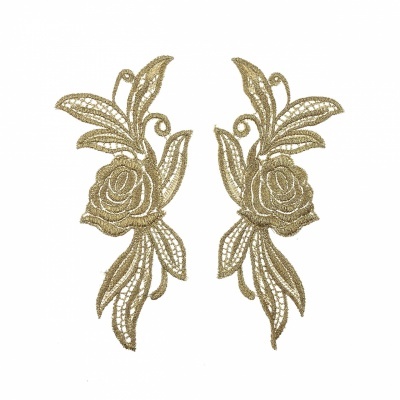 Par de Aplicações Flor 20,5cm x 8,8cm Bordadas com Lurex