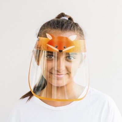Máscara facial protetora transparente com detalhe de raposa laranja