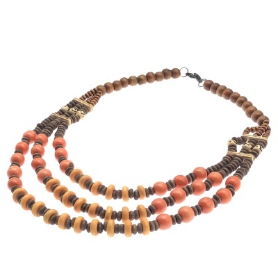 Colar Motivos Etnicos c/Bolas e Discos de Madeira