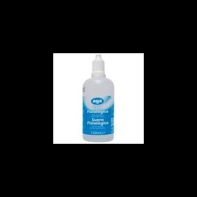 Frasco plástico branco com rótulo azul de solução fisiológica 100 ml