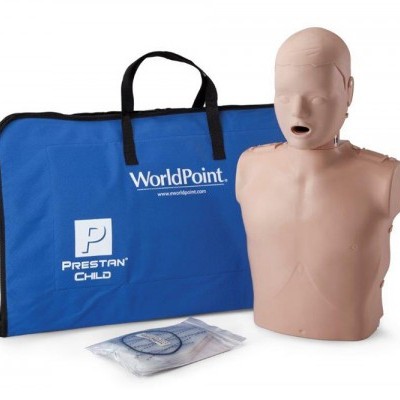 Mannequin torso CPR training with blue carrying case and accessories on white surface