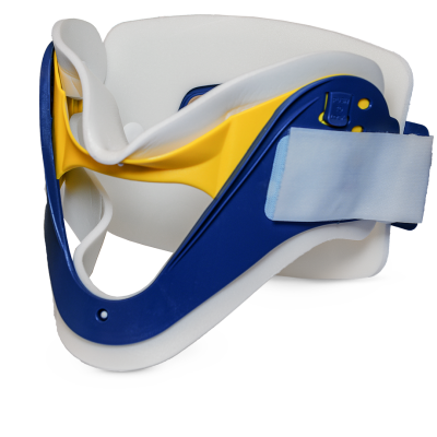 Colar cervical ortopédico branco, amarelo e azul com almofada branca e fecho azul claro