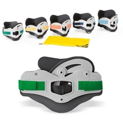 Colares cervicais rígidos coloridos com tiras verdes e suporte cinza e preto