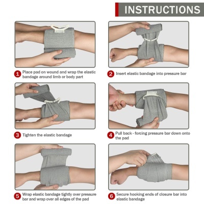 Instruções de aplicação de venda elástica cinzenta com almofada numa ferida