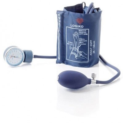 Esfigmomanómetro azul escuro com manómetro analógico e bomba de borracha preta