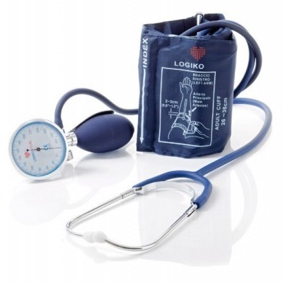 Aparelho azul para medir pressão arterial com manómetro analógico e estéto