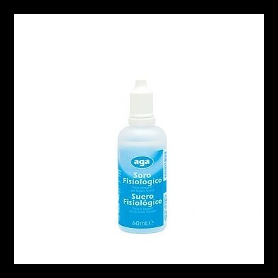 Frasco plástico branco com rótulo azul de soro fisiológico aga 60mL