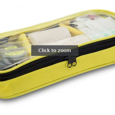 Estojo organizador amarelo com tampa transparente e fecho preto