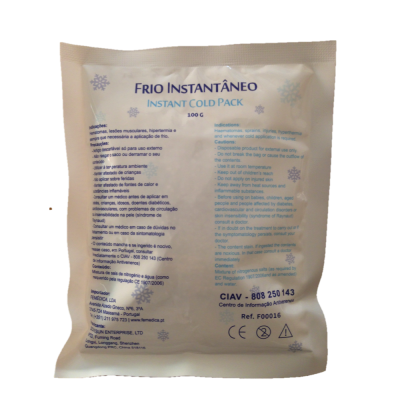Saco branco de Frio Instantâneo com texto informativo em português e inglês