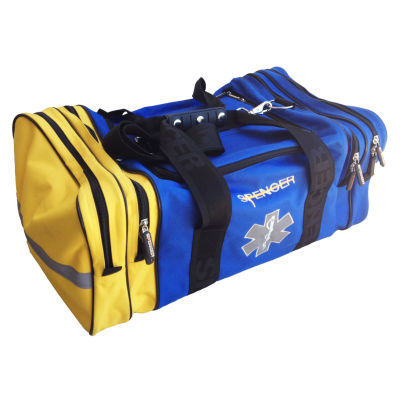 Mala desportiva azul e amarela com várias divisões e fechos de correr