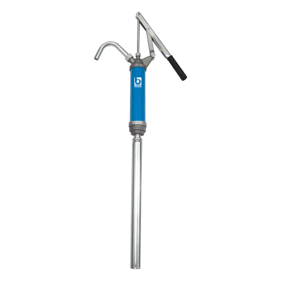Bomba manual azul com alavanca metálica e tubo longo para líquidos