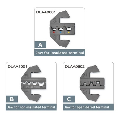 Três garras metálicas para terminais elétricos com etiquetas DLAA0601, DLAA1001 e DLAA0602.