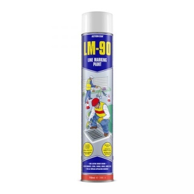 Lata de tinta spray para marcação de linhas LM-90 com rótulo azul e amarelo e ilustração de operários.