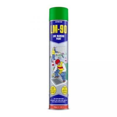 Spray de tinta para marcação de linhas LM-90 com tampa verde e ilustrações na embalagem