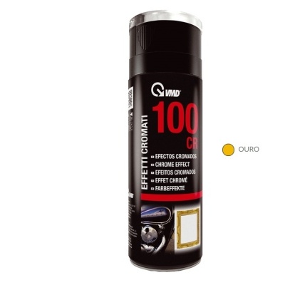 Spray para efeito cromado VMD 100CR preto com texto branco e vermelho e amostra dourada.
