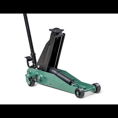 Macaco hidráulico de chão verde e preto com rodas