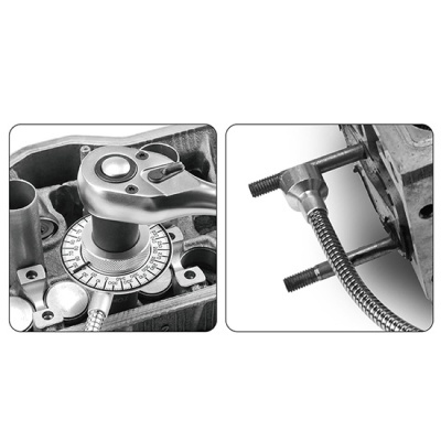 Ferramenta metálica com mostrador graduado e cabo flexível ligada a máquina