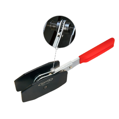 Abridor de cápsulas metálico com alça vermelha e corpo preto