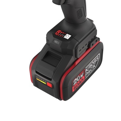 Bateria recarregável preta e vermelha para ferramenta elétrica com indicador de carga em LED.