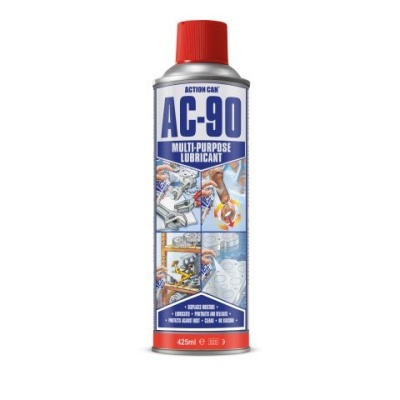 Frasco de spray lubrificante multiusos AC-90 com tampa vermelha e rótulo colorido