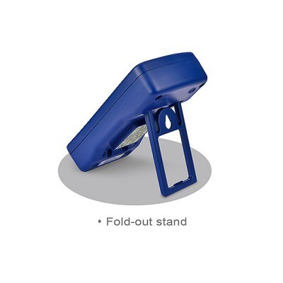 Dispositivo azul com suporte dobrável e texto 'Fold-out stand'